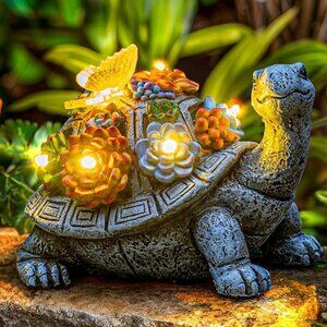 Solar Tortoise Garden Statue with Succulent and LED Lights